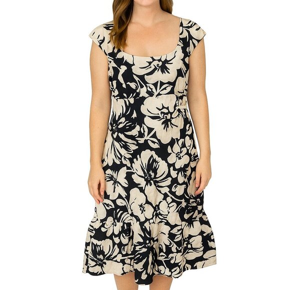 Ann Taylor Silk Dress 6 White Brown Floral Fit & Flare Cap Sleeve Garden Party - Picture 1 of 16